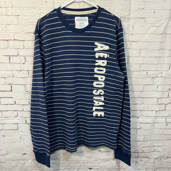 Y2K Aeropostale Men Stripe Thermal Long Sleeve Shirt XL Spellout Navy Distress - Picture 1 of 7